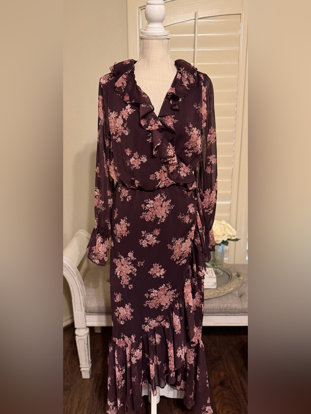 Premier Amour Sheer Ruffle-Front Floral Maxi Dress in Plum